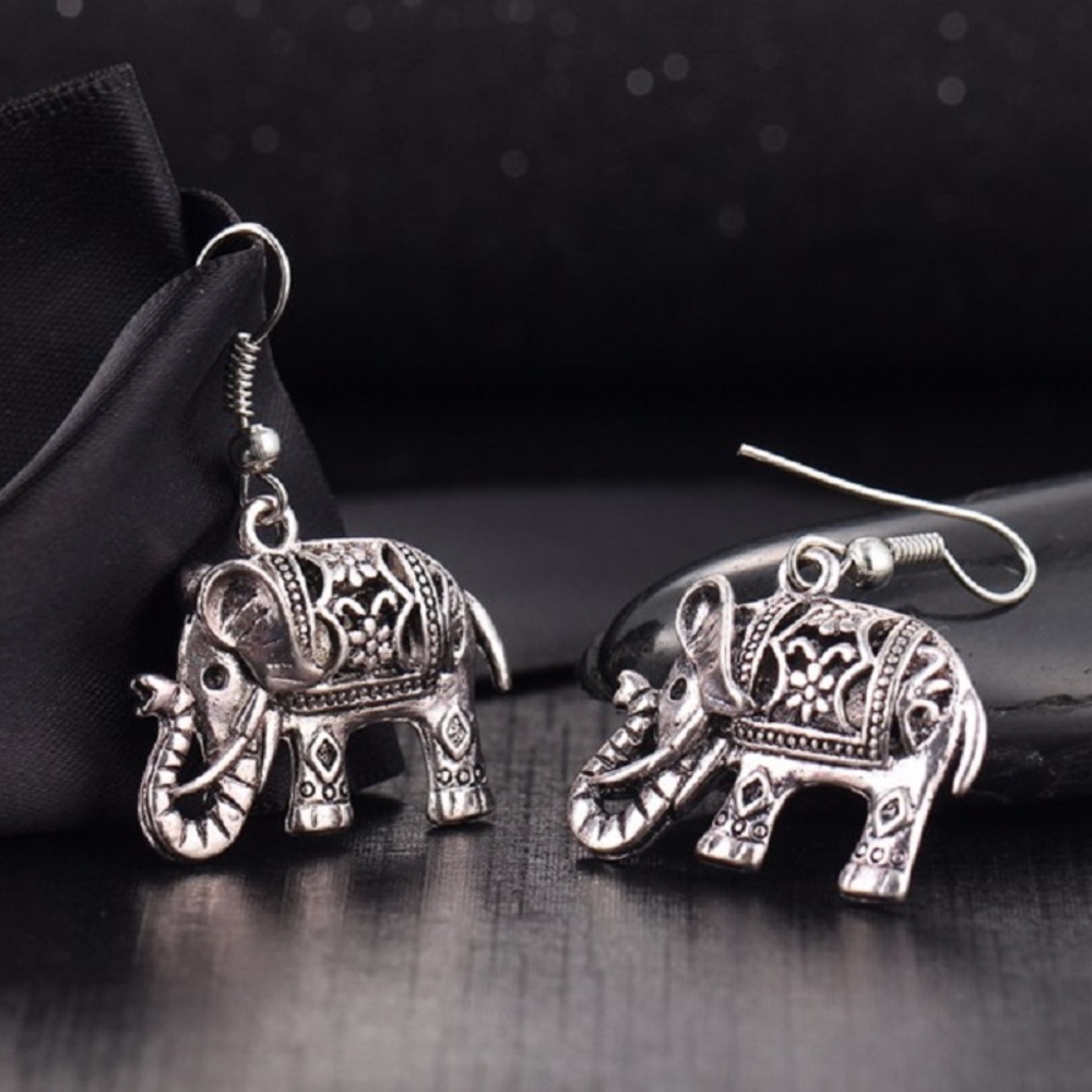 Carved Elephant Silver Earrings